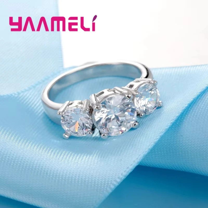 3-CZ Prong Setting Band Ring - Silver Tone Wedding Band