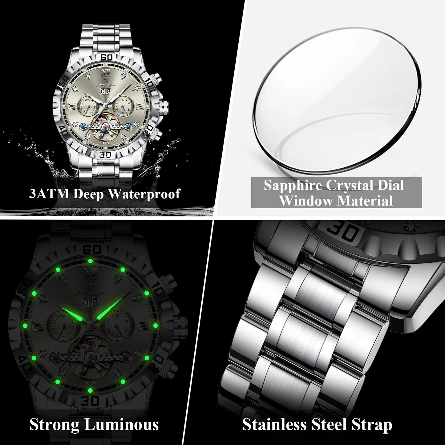 POEDAGAR Automatic Hollow Dial Men's Watch - Date Week Mechanical
