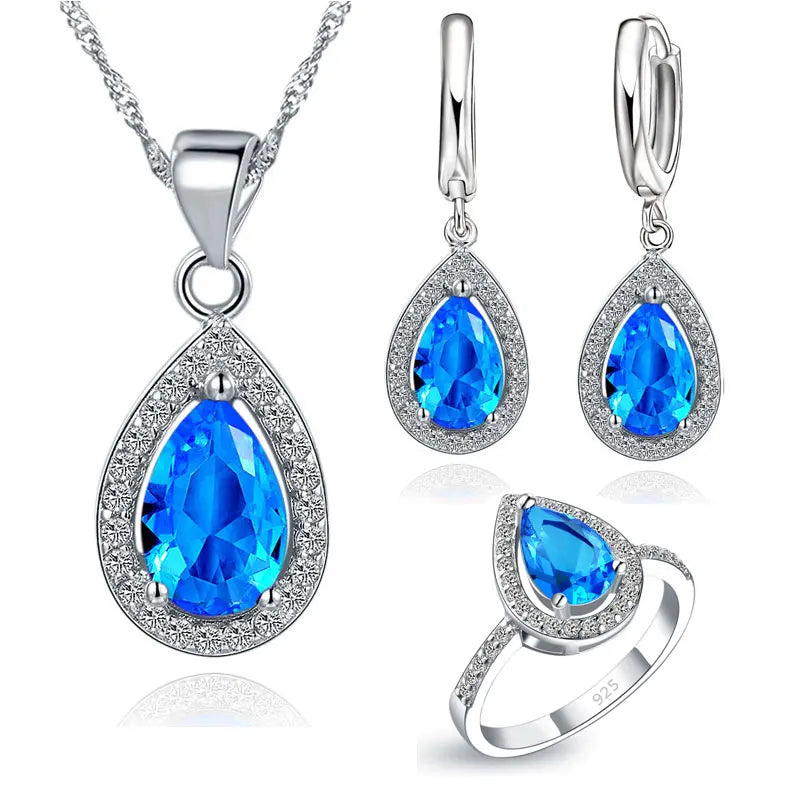 Red Crystal Wedding Jewelry Sets Water Drop Cubic Zirconia Stone 925 Sterling Silver Earrings Necklaces Finger Rings 6789