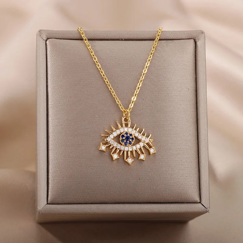 Zircon Evil Eye Pendant Necklace - Stainless Steel Protective Charm