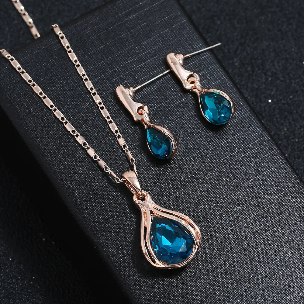 Blue Green Water Drop Jewelry Set - Geometric Necklace & Earrings