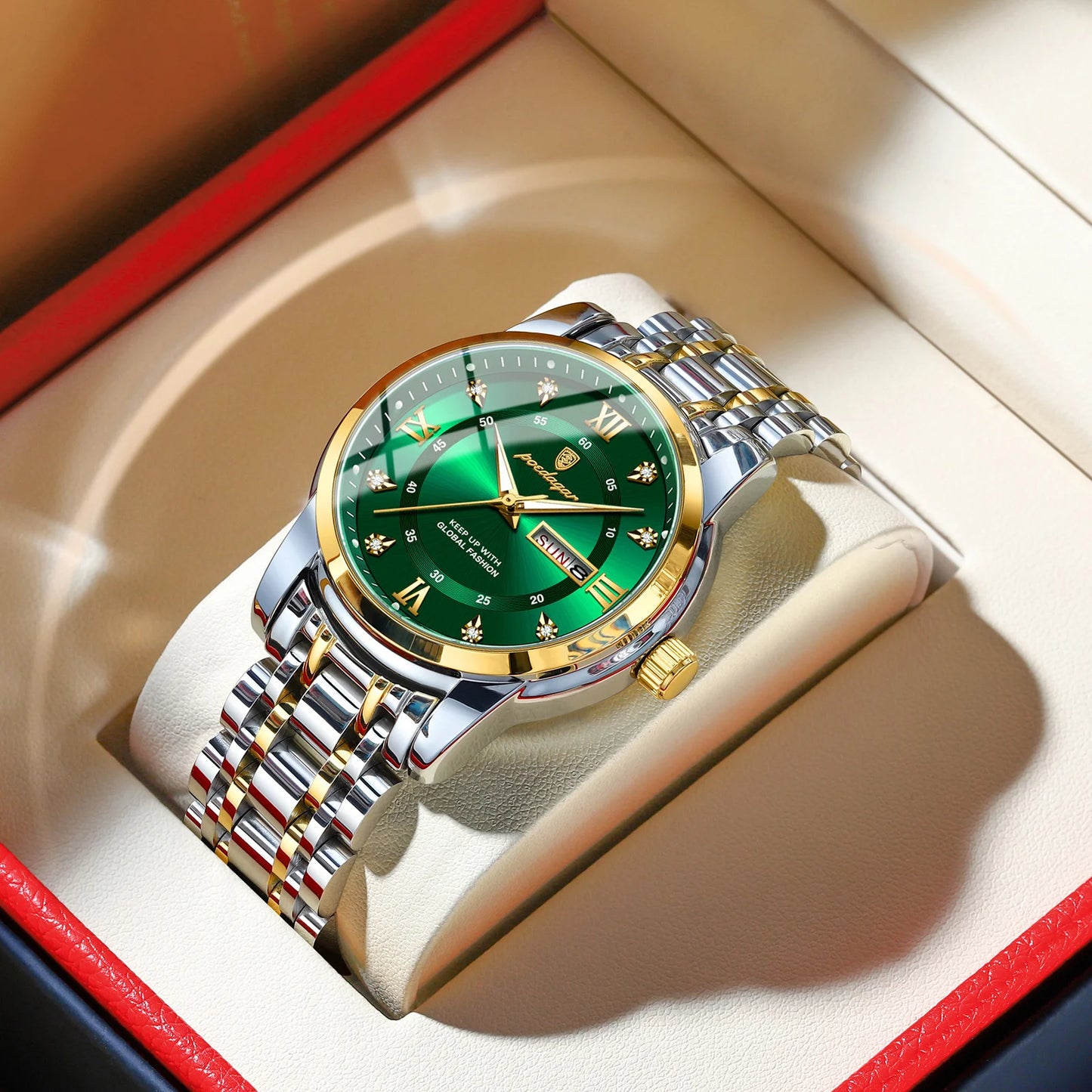 POEDAGAR Luminous Quartz Men's Watch - Date Week Stainless Steel
