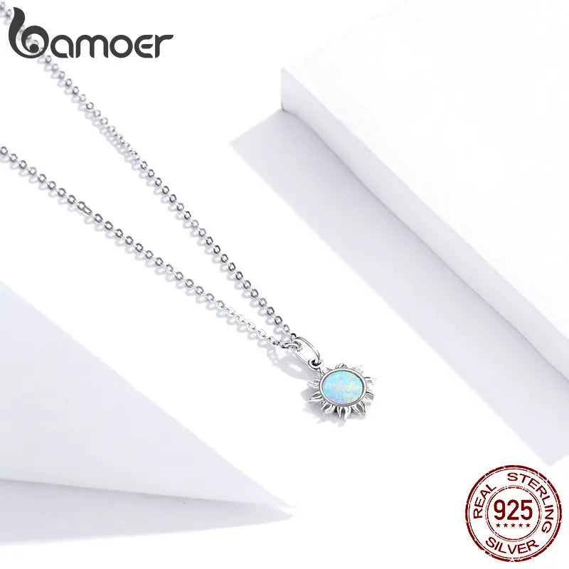 BAMOER 925 Sterling Silver White Opal Sun Necklace - Apollo Pendant