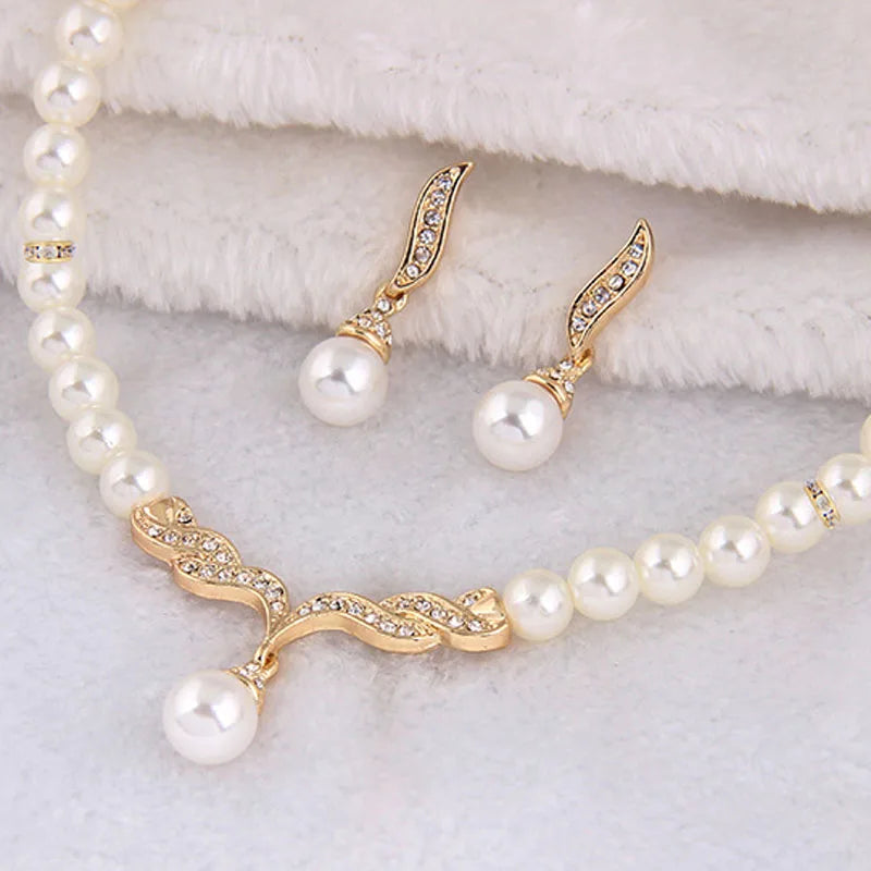 Bridal Pearl Necklace & Earrings Set - Gold Tone Wedding Jewelry