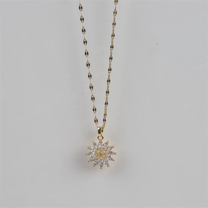 Gold Tone Floral Zirconia Pendant Necklace - Titanium Steel Chain