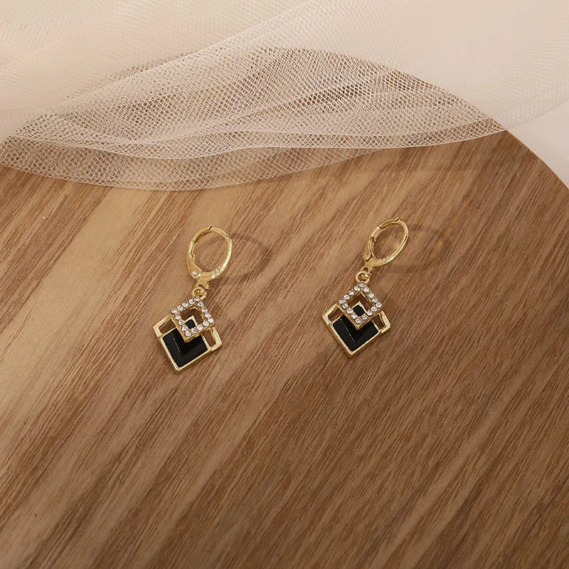Gold Tone Black Rhombus Rhinestone Drop Earrings