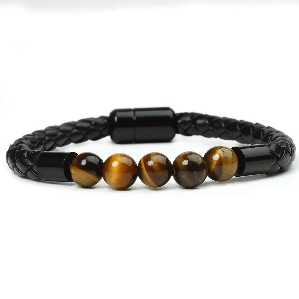 Stainless Steel Leather Chakra Bangle Bracelet