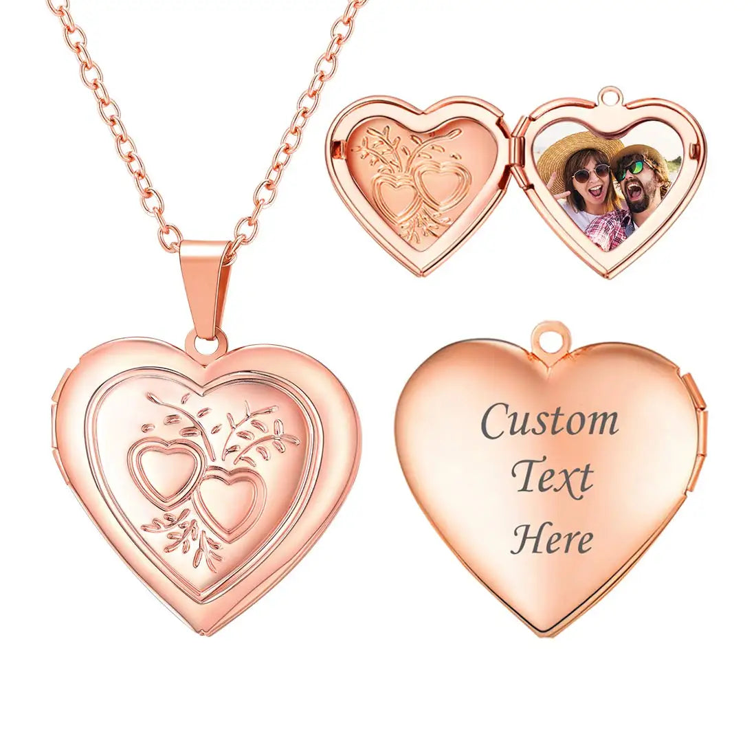 Custom Photo Heart Locket Necklace - Rose Embossed Memorial Jewelry