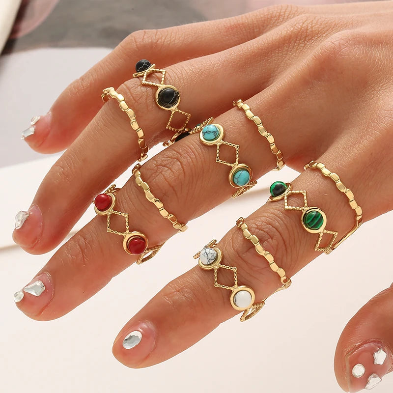 Stainless Steel Natural Stone Open Ring