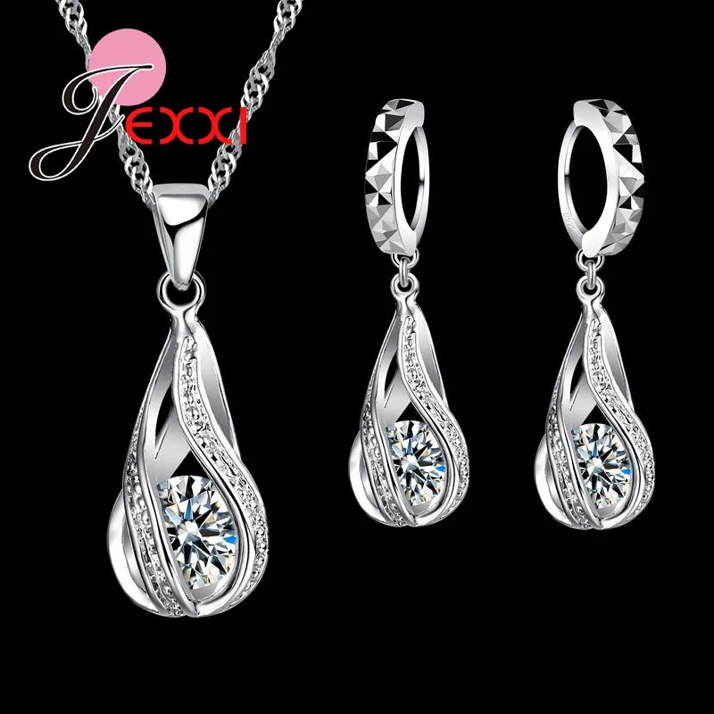 Premium Water Drop CZ Necklace & Earrings Set - 925 Sterling Silver