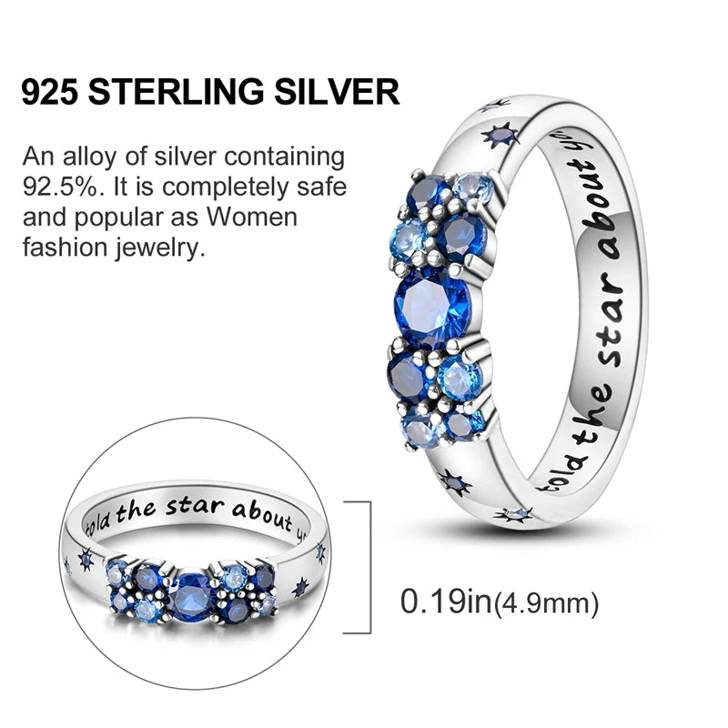 Blue Zircon Star & Moon Ring - 925 Sterling Silver Design