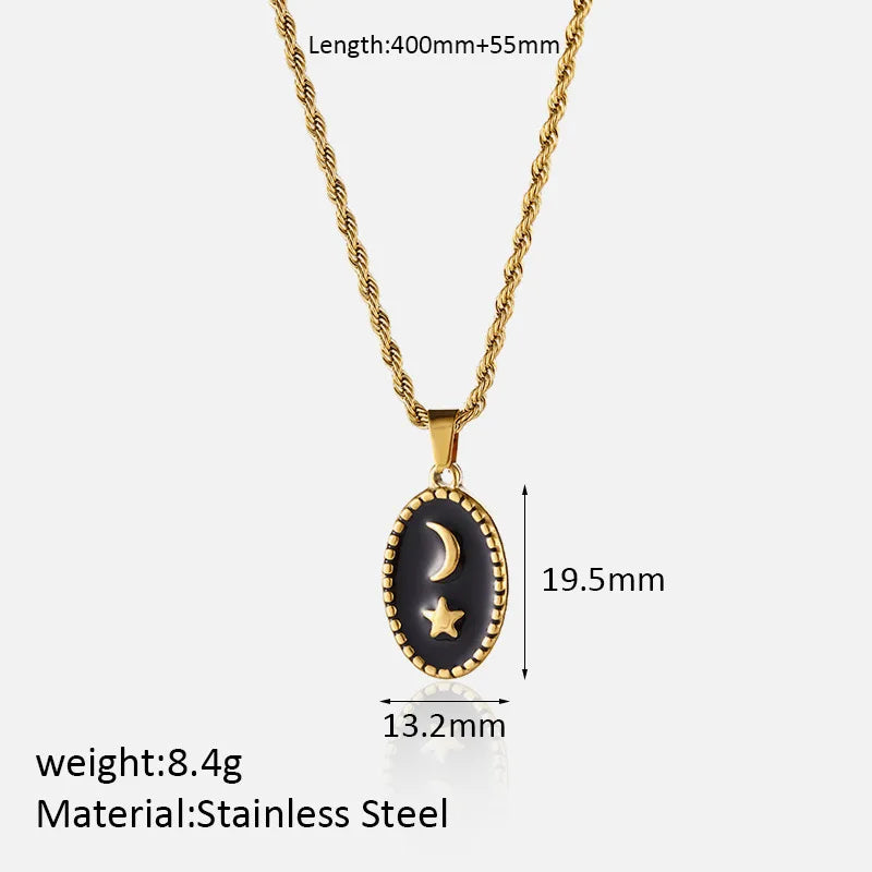 French Vintage Star & Moon Pendant Necklace - 316L Stainless Steel Chain