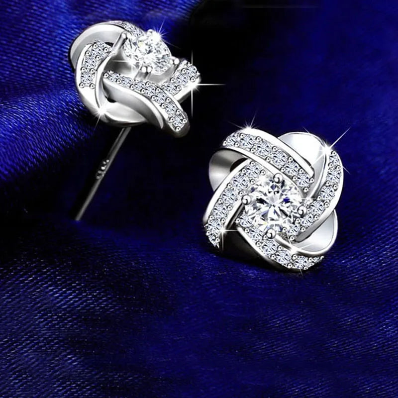 925 Sterling Silver Crystal Knot Flower Stud Earrings
