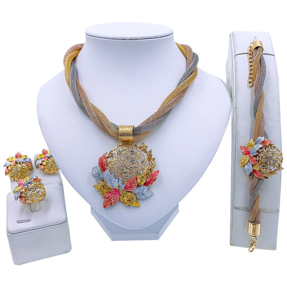 Dubai Gold Floral Jewelry Set - Necklace, Earrings, Bracelet & Ring