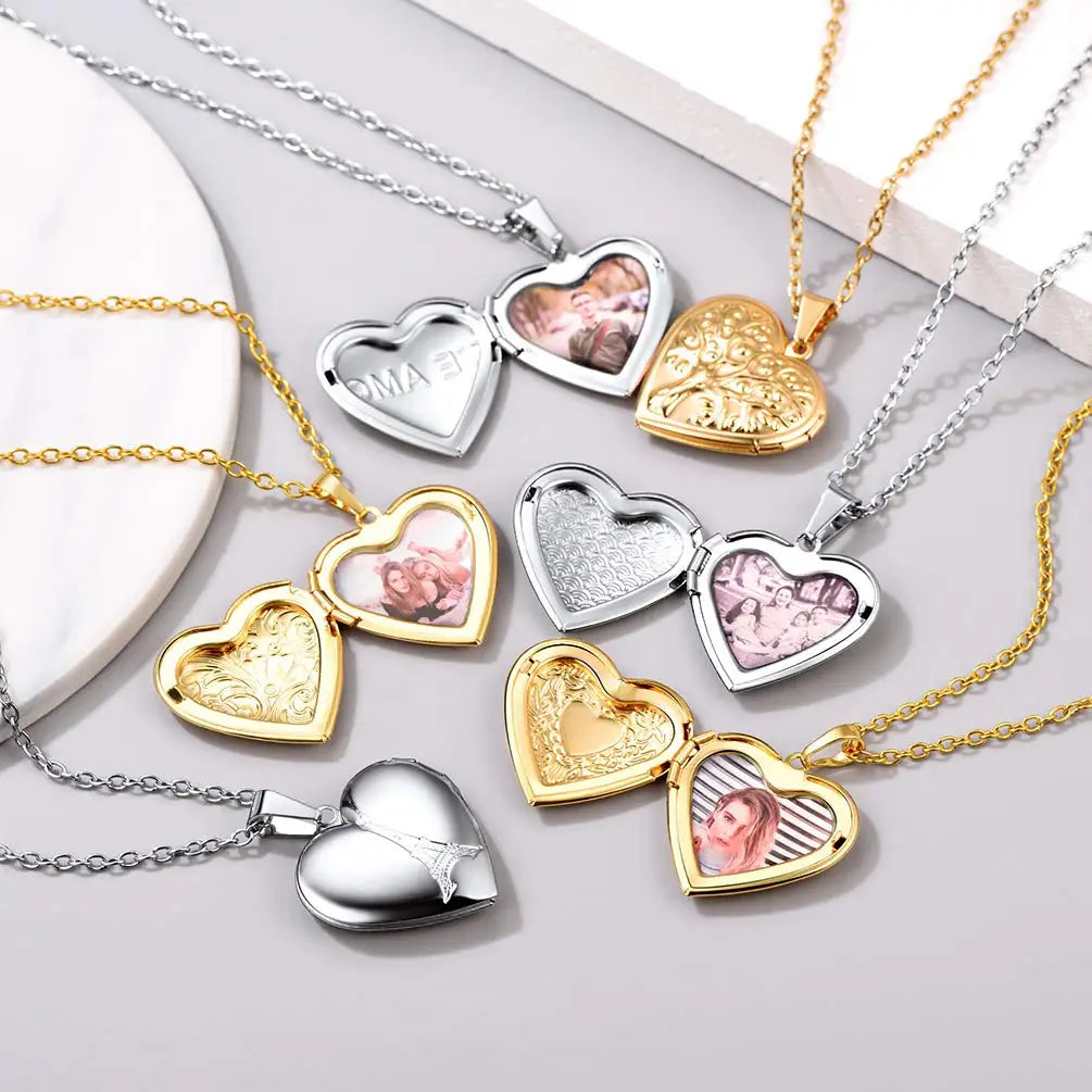 Custom Photo Heart Locket Necklace - Rose Embossed Memorial Jewelry