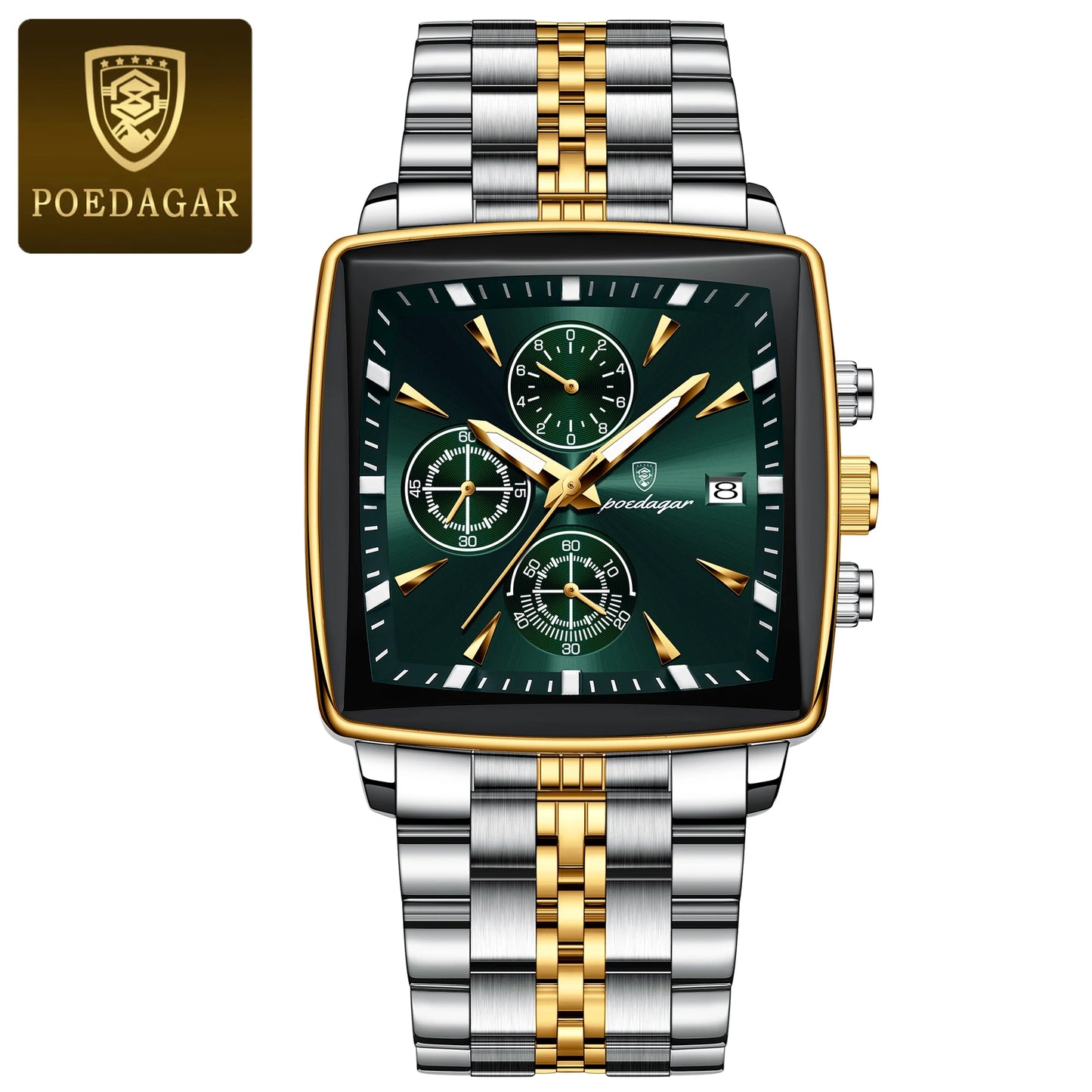 POEDAGAR Square Chronograph Men's Watch - Luminous Waterproof Quartz