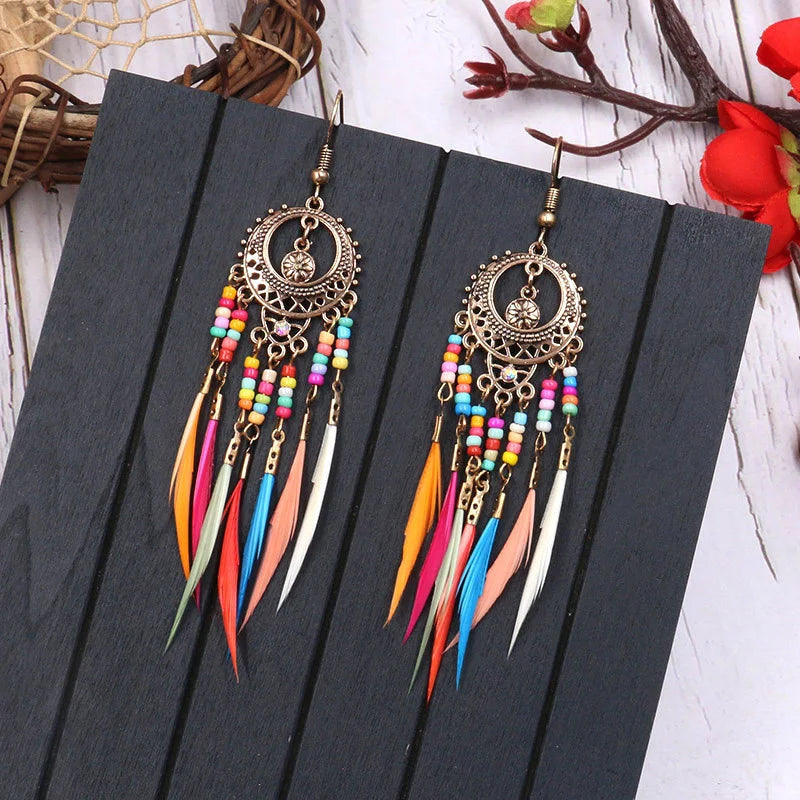 Vintage Boho Leaf Feather Tassel Earrings