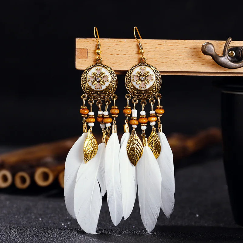 Vintage Boho Leaf Feather Tassel Earrings