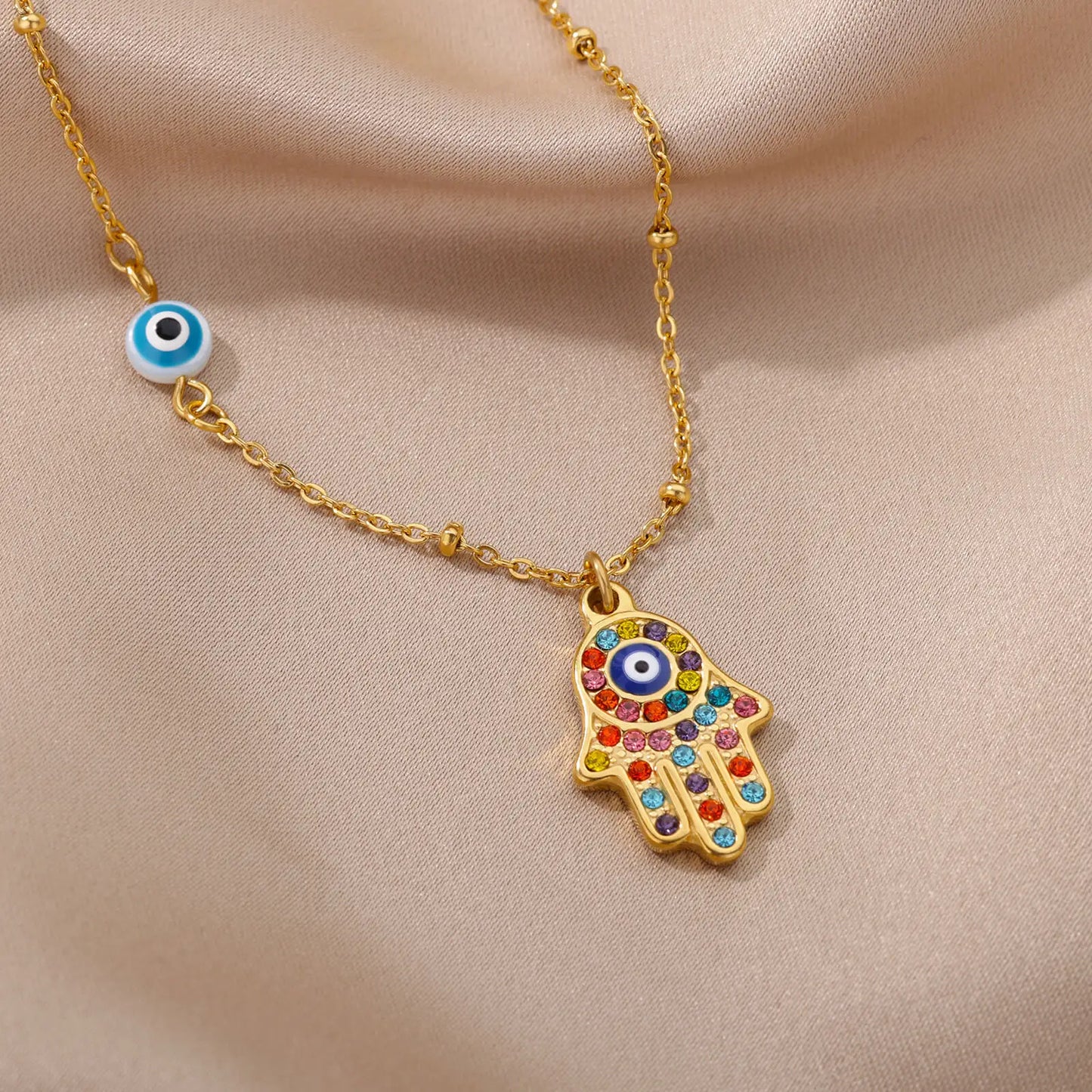 Zircon Evil Eye Pendant Necklace - Stainless Steel Protective Charm