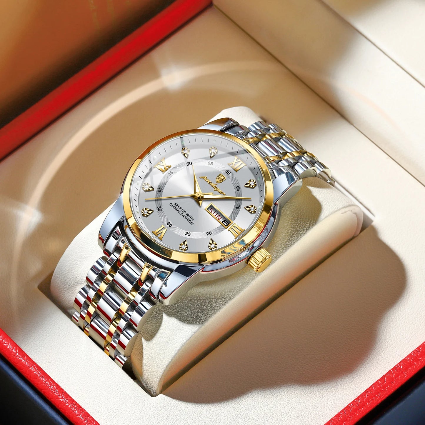 POEDAGAR Luminous Quartz Men's Watch - Date Week Stainless Steel