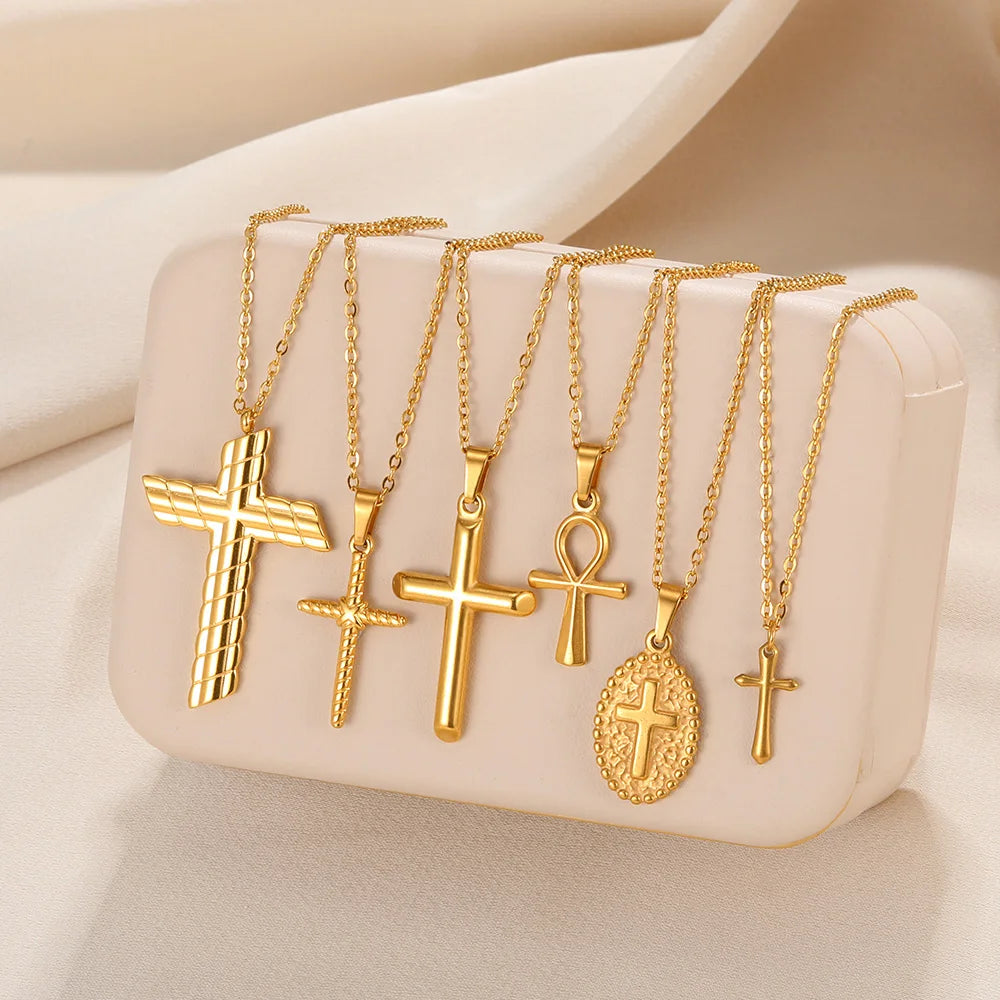 Vintage Jesus Cross Coin Necklace - Stainless Steel Prayer Pendant