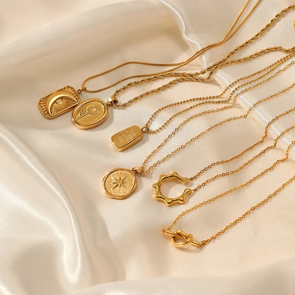 French Vintage Star & Moon Pendant Necklace - 316L Stainless Steel Chain