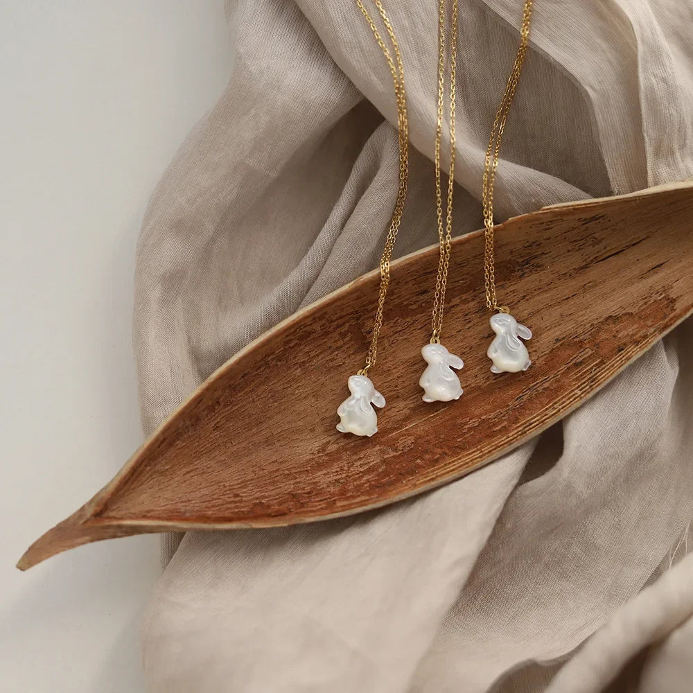 18K Gold Plated Jade Rabbit Moon Pendant Necklace - White Shell Accent