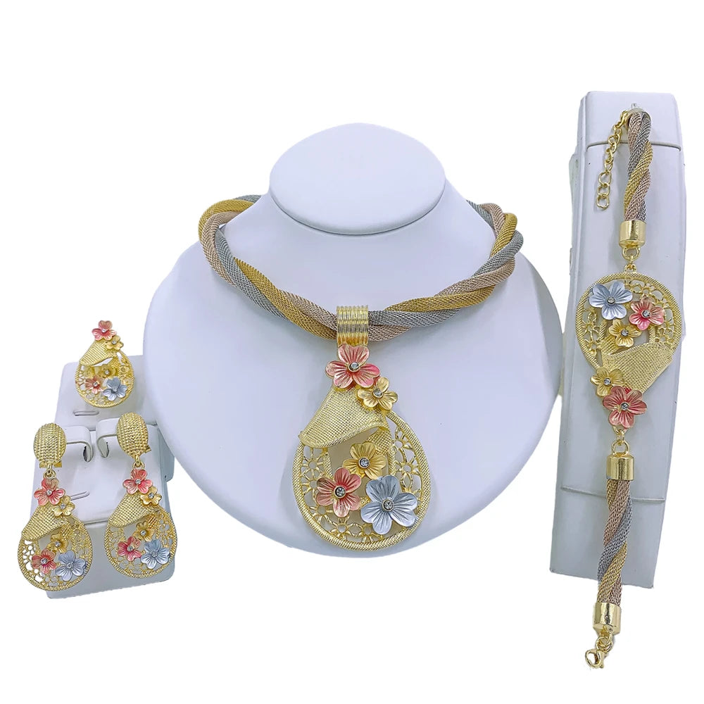 Dubai Gold Floral Jewelry Set - Necklace, Earrings, Bracelet & Ring