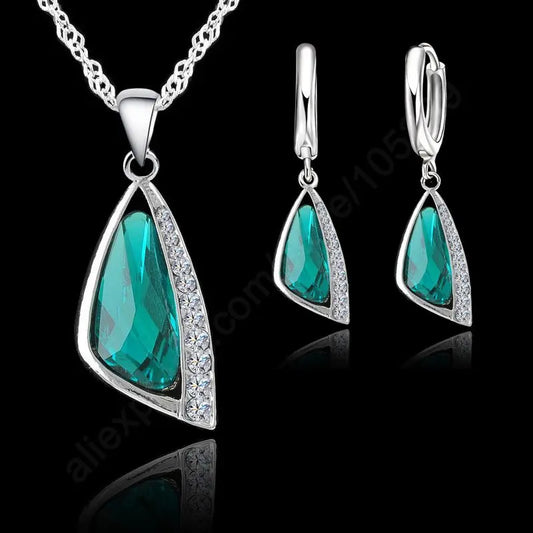 Green Triangle Crystal Jewelry Set - 925 Sterling Silver Wedding Set