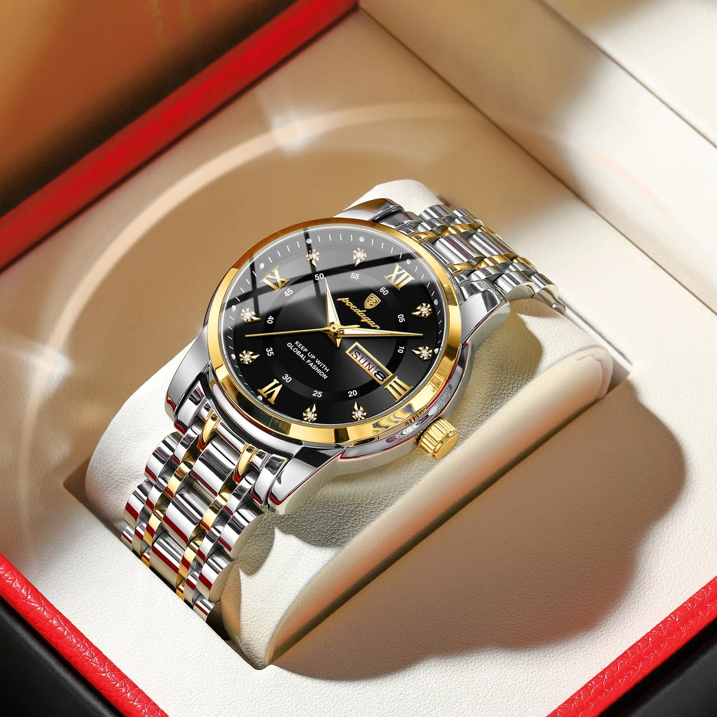 POEDAGAR Luminous Quartz Men's Watch - Date Week Stainless Steel