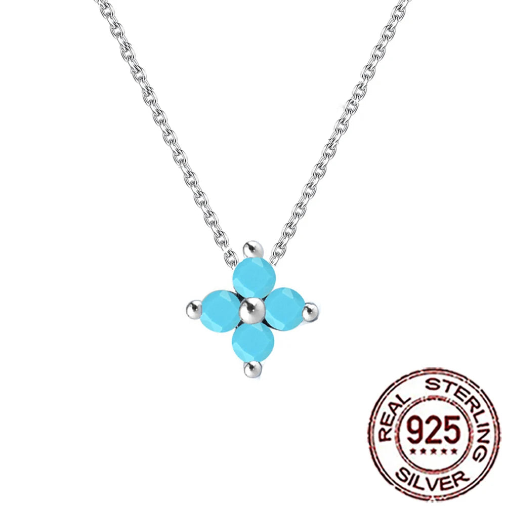 925 Sterling Silver Four Leaf Flower Necklace - Blue Turquoise Accent