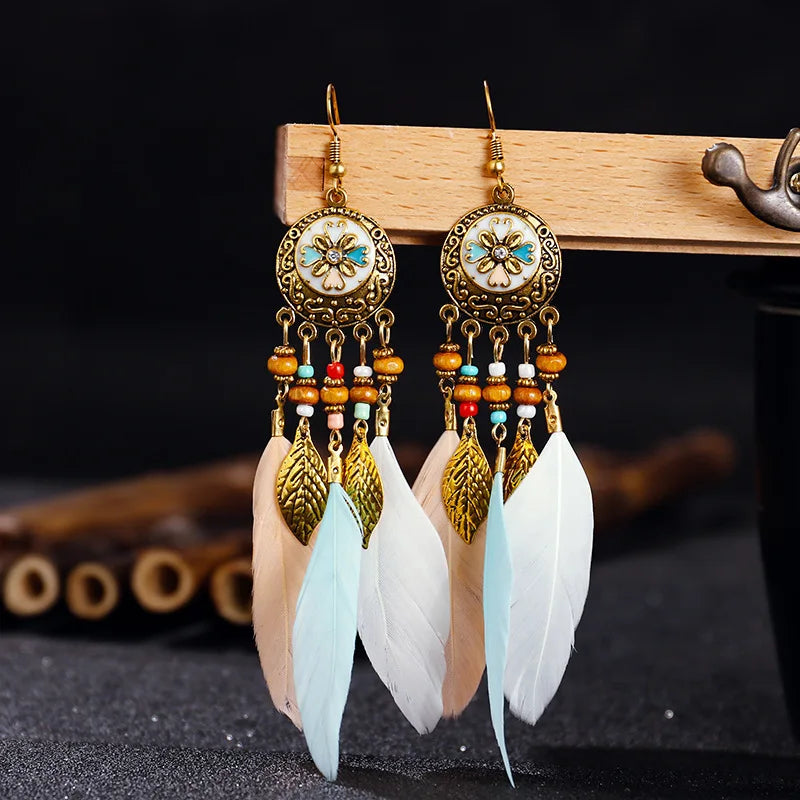 Vintage Boho Leaf Feather Tassel Earrings