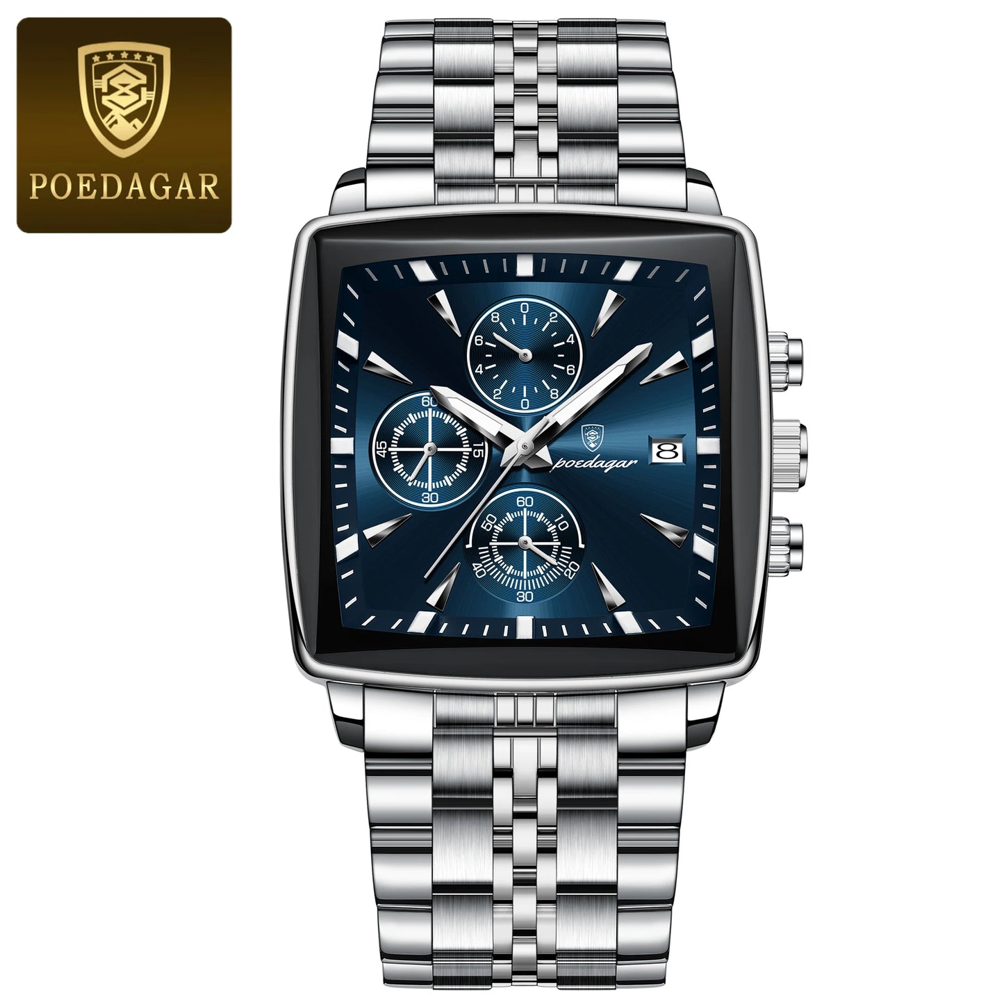 POEDAGAR Square Chronograph Men's Watch - Luminous Waterproof Quartz