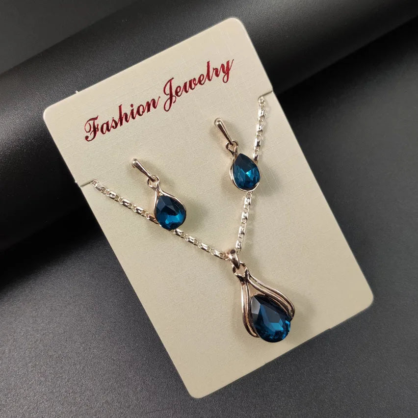 Blue Green Water Drop Jewelry Set - Geometric Necklace & Earrings