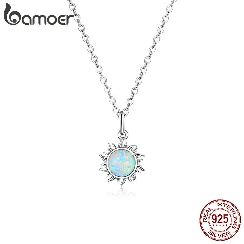 BAMOER 925 Sterling Silver White Opal Sun Necklace - Apollo Pendant