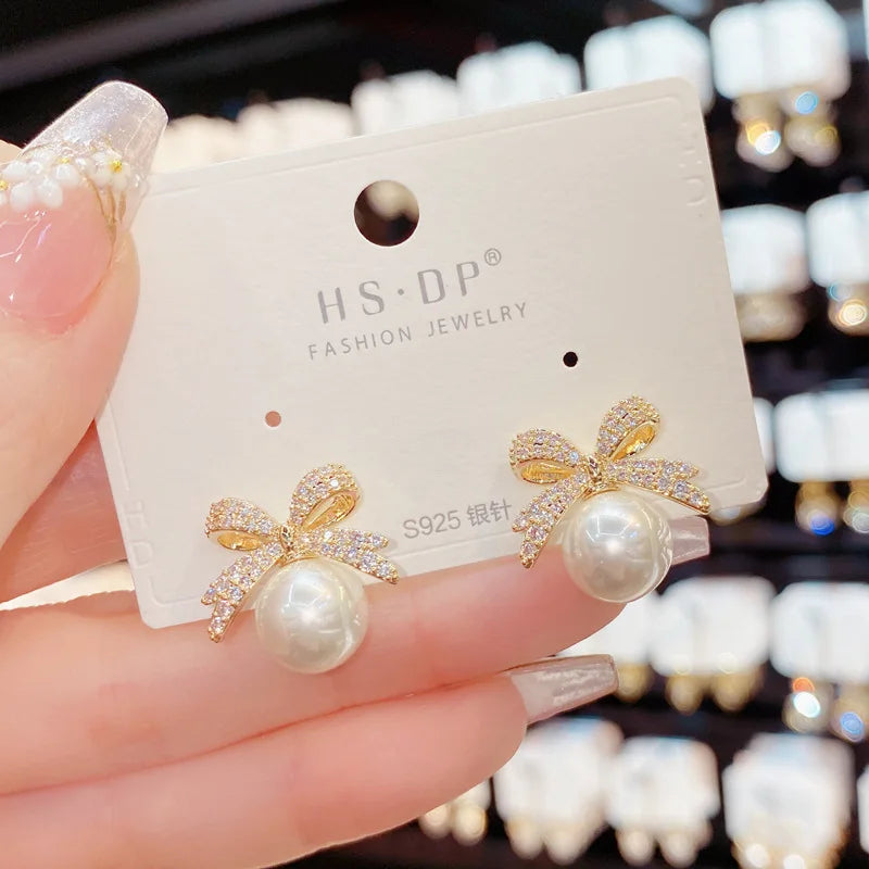 Rhinestone Bow Pearl Stud Earrings