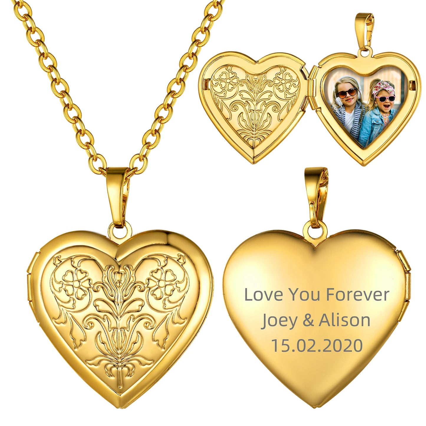 Custom Photo Heart Locket Necklace - Rose Embossed Memorial Jewelry