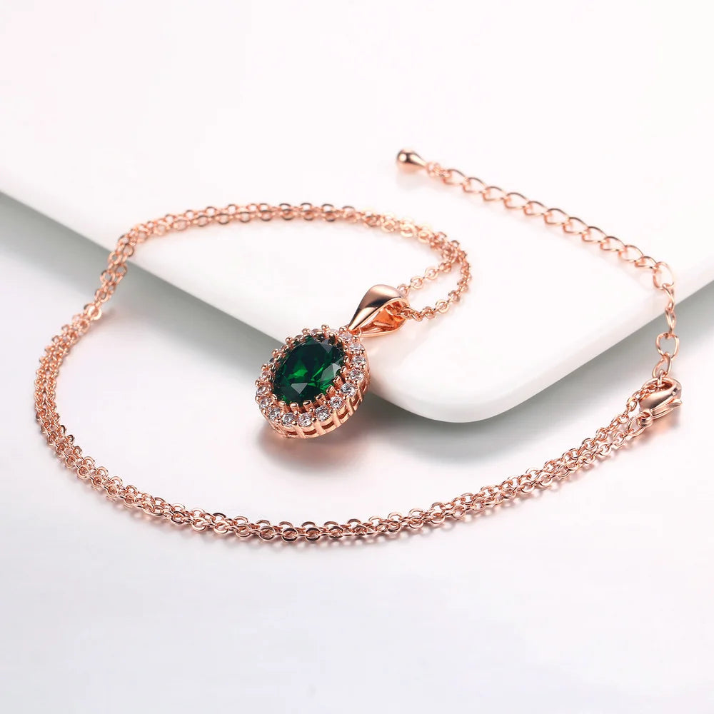 Rose Gold Green Crystal Pendant Necklace - Elegant Occasion Jewelry