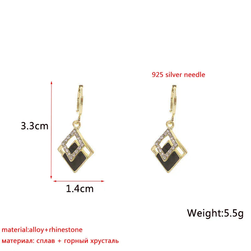 Gold Tone Black Rhombus Rhinestone Drop Earrings