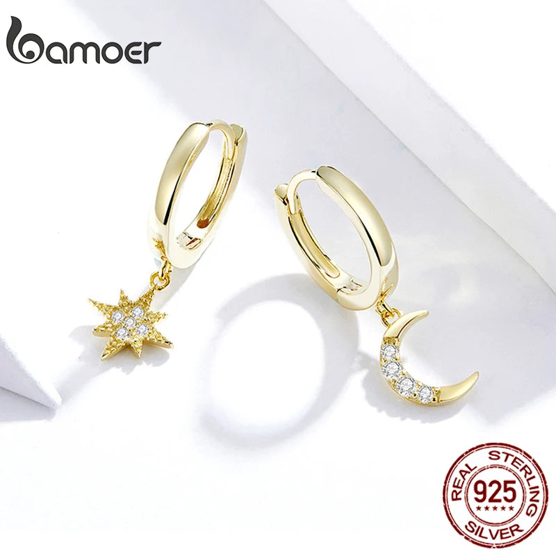 925 Sterling Silver Star Moon and Star Drop Earrings