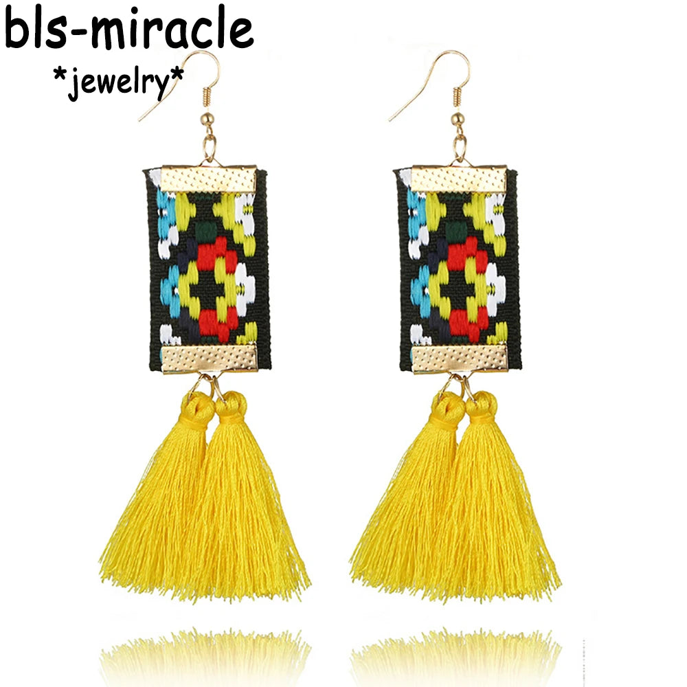 Bohemian Geometric Ribbon Tassel Earrings