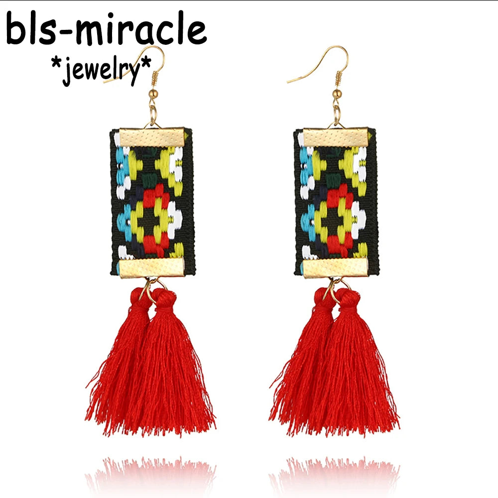 Bohemian Geometric Ribbon Tassel Earrings