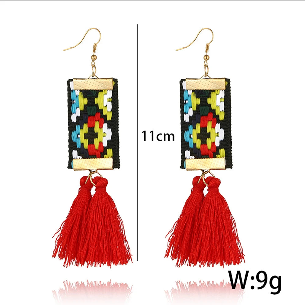 Bohemian Geometric Ribbon Tassel Earrings
