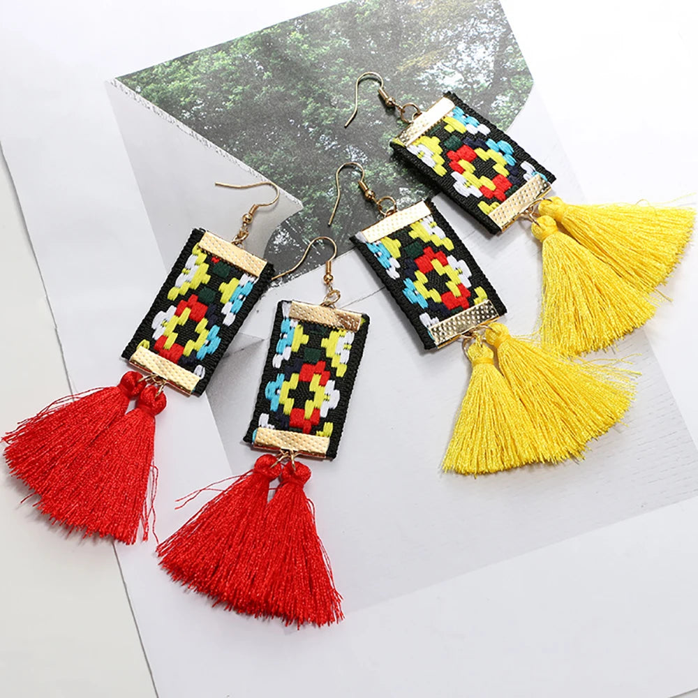 Bohemian Geometric Ribbon Tassel Earrings