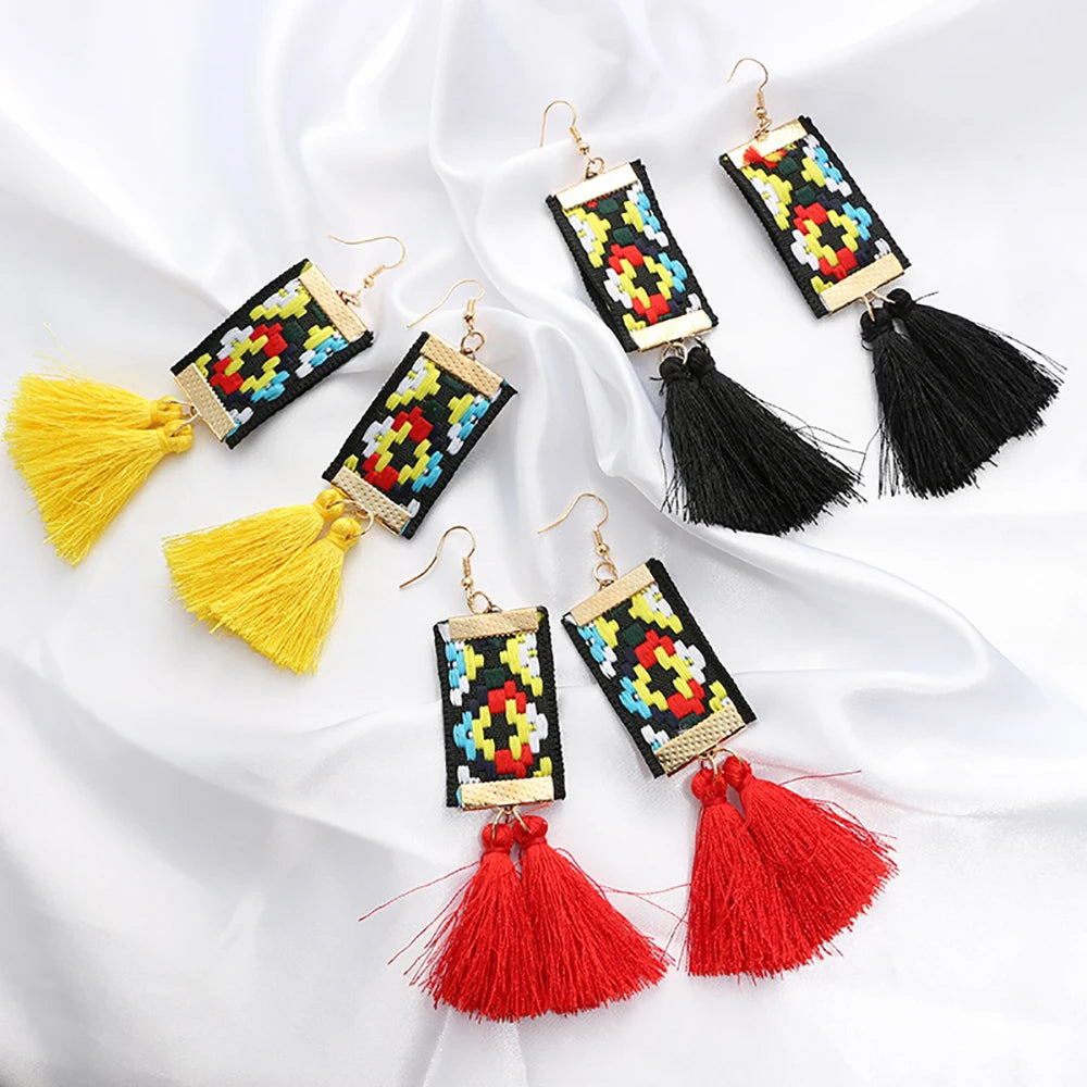 Bohemian Geometric Ribbon Tassel Earrings