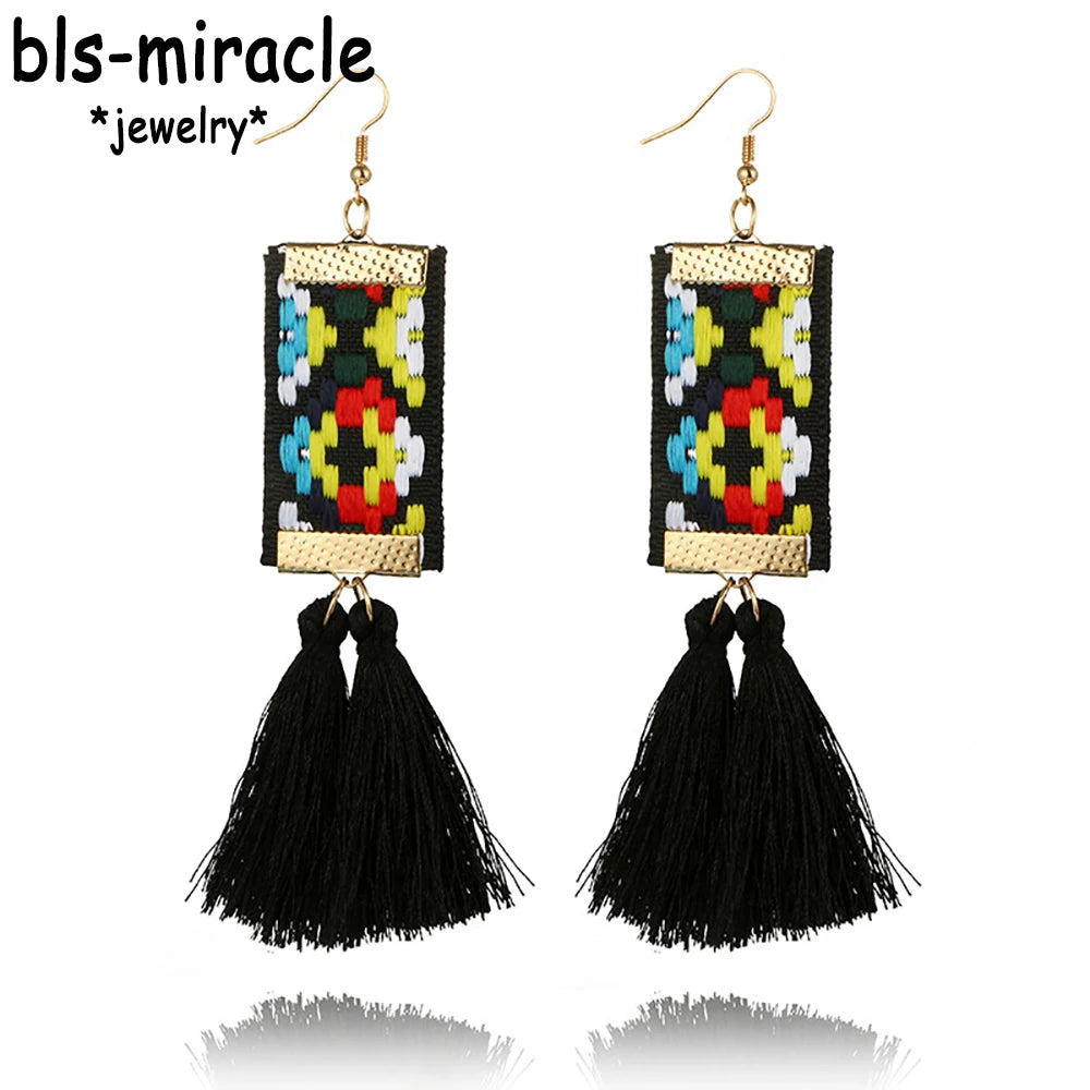 Bohemian Geometric Ribbon Tassel Earrings